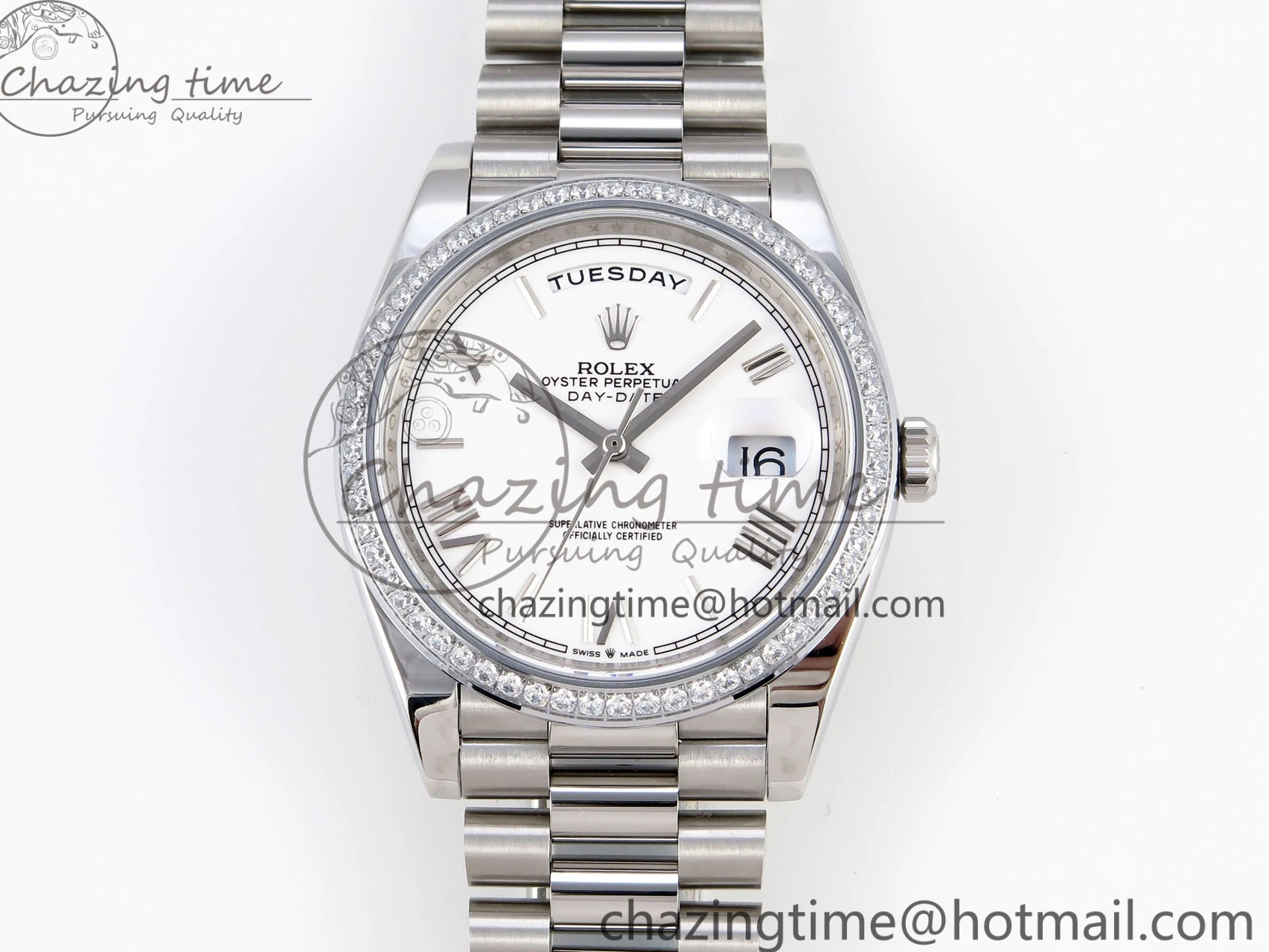 1224 DayDate 40 SS GSF Gain Weight White Roman Dial Diamonds Bezel on President Bracelet A Sustainable 1920